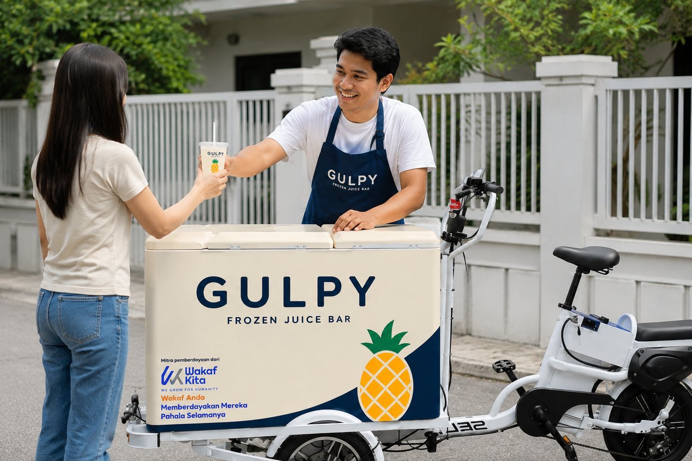 A Gulpy vendor serving a fresh cup to a customer